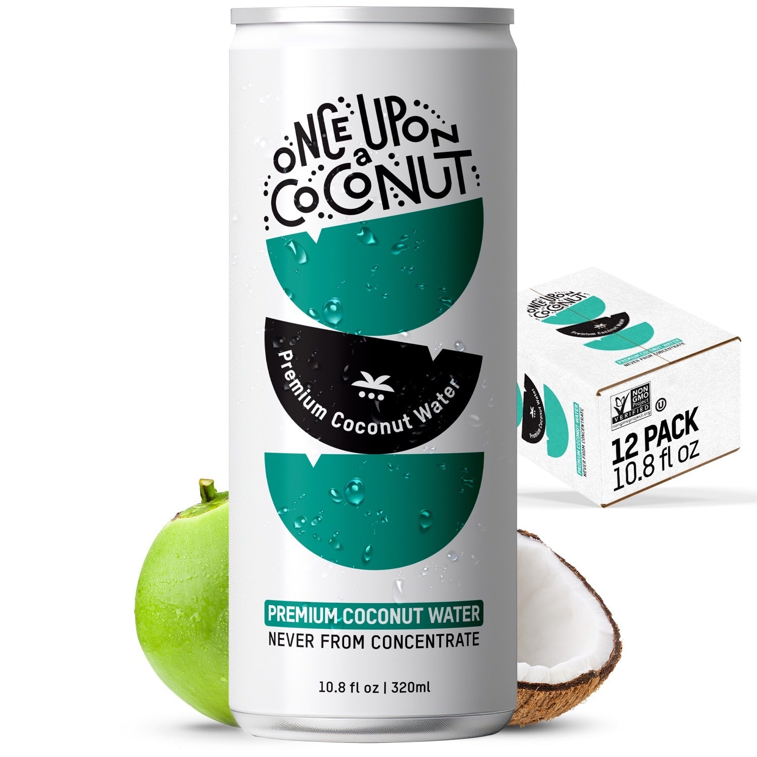 A 12 pack of Once Upon Coconut premium coconut water with a depiction of a coconut and the product name on the packaging.